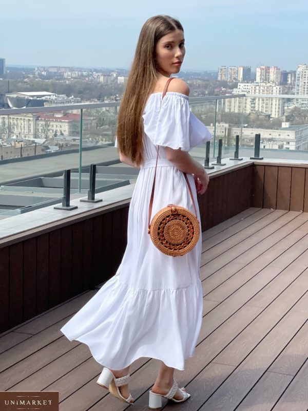 Купити недорого біле літнє плаття з відкритими плечима (розмір 42-52) для жінок