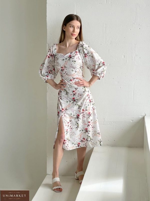 Придбати онлайн молочне шовкове плаття в квітковий принт з розрізом (розмір 42-52) для жінок
