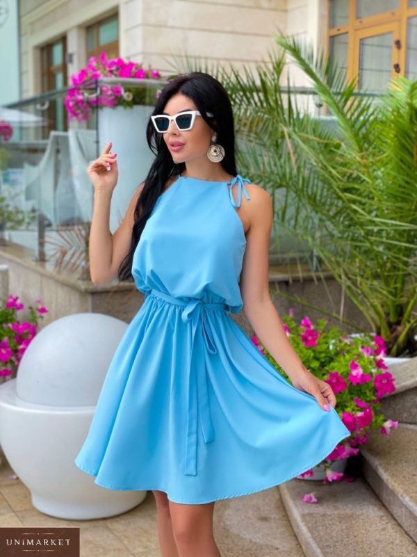 Заказать голубое платье с поясом на завязках (размер 42-48) для женщин недорого