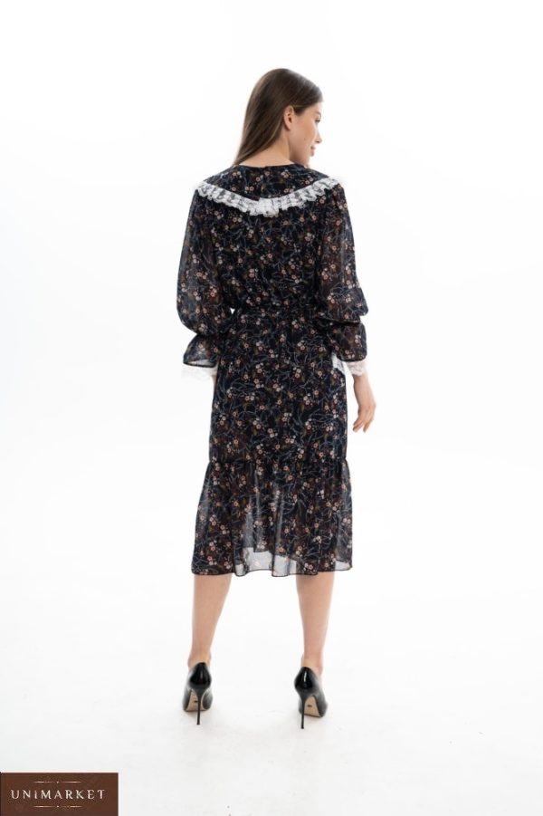 Приобрести онлайн женское шифоновое платье миди с воротником (размер 42-62) черного цвета