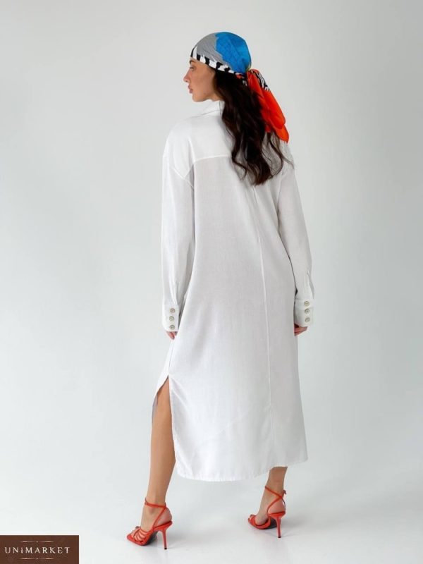 Приобрести онлайн белое длинное платье-рубашка из льна (размер 42-50) для женщин
