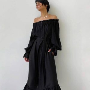 Купить черное для женщин платье-рубашка из льна по скидке с открытыми плечами
