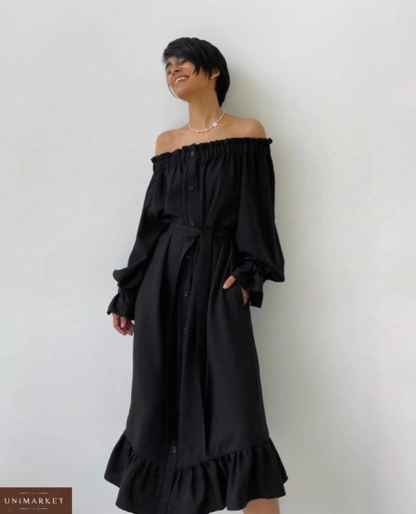 Купить черное для женщин платье-рубашка из льна по скидке с открытыми плечами