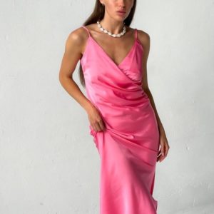 Купить розовое женское шелковое платье комби в интернете