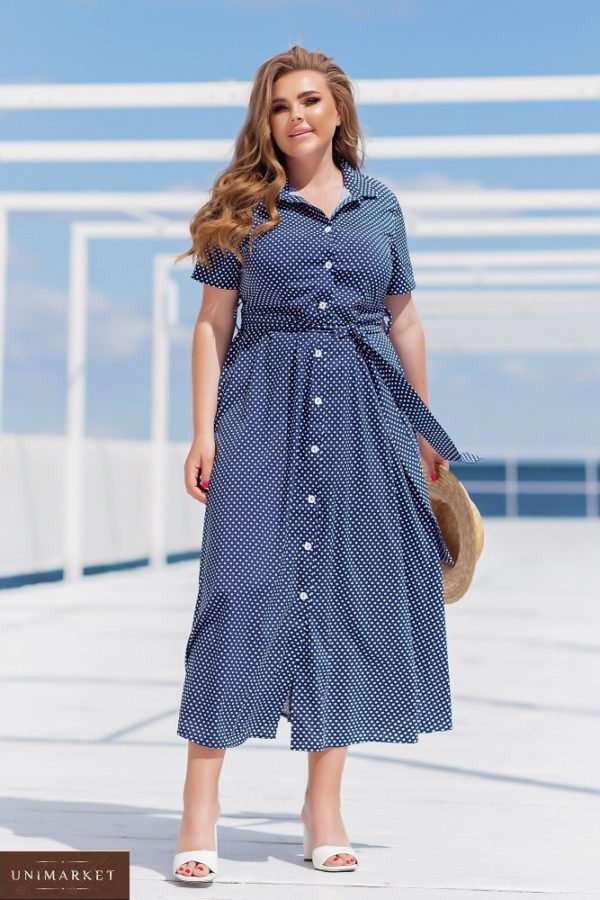 Купити синього кольору жіноче плаття-сорочка міді в горошок (розмір 42-56) в інтернеті