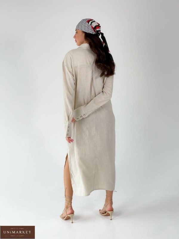 Приобрести беж женское длинное платье-рубашка из льна (размер 42-50) онлайн