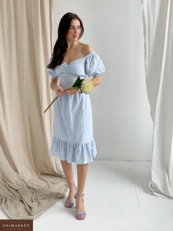 Купити недорого блакитну сукню з відкритими плечима і шнурівкою (розмір 42-52) для жінок