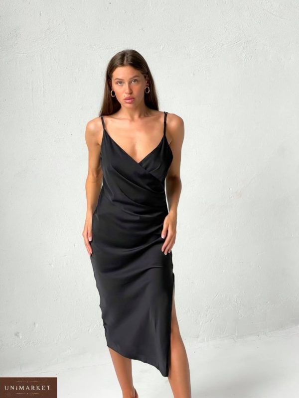 Замовити дешево жіноче шовкове плаття комбі чорного кольору