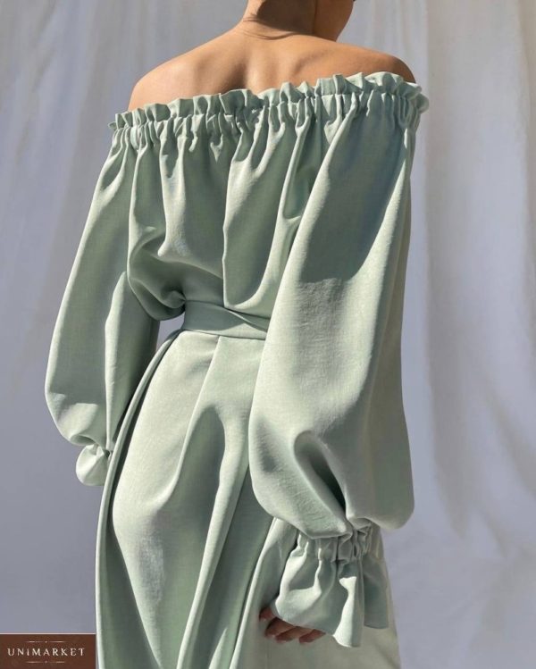 Приобрести оливка женское платье-рубашка из льна с открытыми плечами в интернете