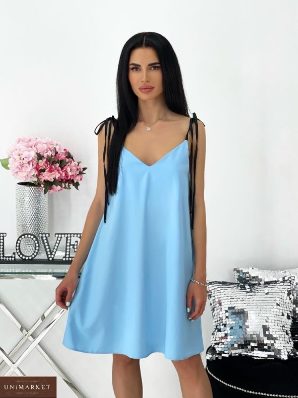 Замовити блакитне вільне плаття на бретельках-зав'язках (розмір 42-48) для жінок вигідно