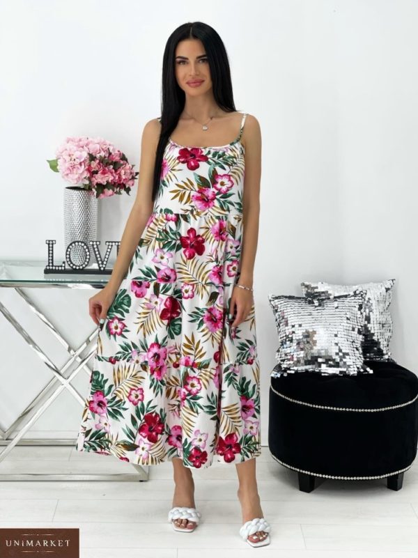 Приобрести онлайн розовое летнее платье миди с принтом (размер 42-48) для женщин