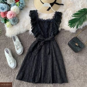 Купить хорошего качества женское платье из прошвы с кружевной отделкой черное
