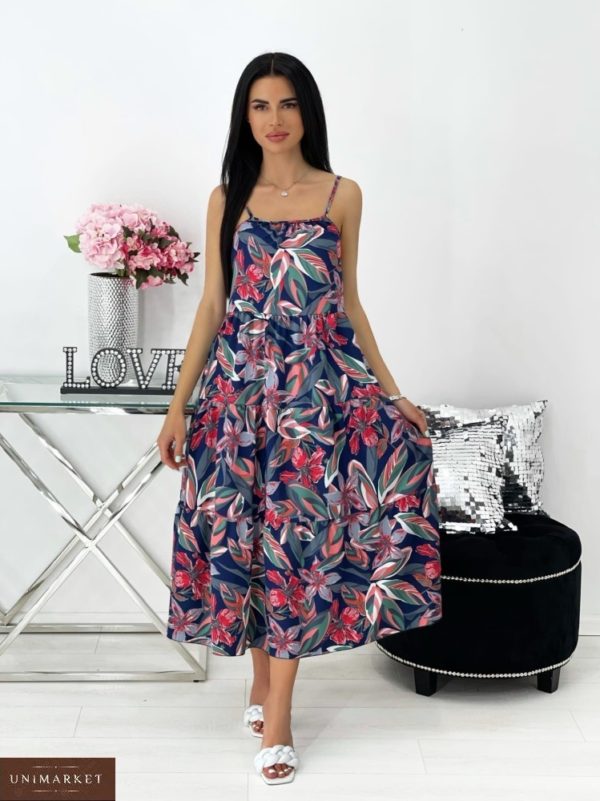 Замовити синє жіноче літнє плаття міді з принтом (розмір 42-48) в інтернеті