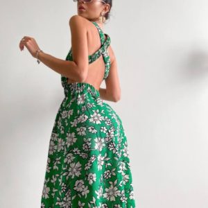 Заказать зеленое недорого платье с принтом и открытой спиной для женщин
