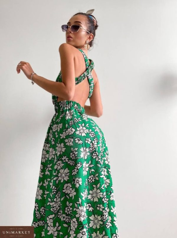 Замовити зелене недорого плаття з принтом і відкритою спиною для жінок