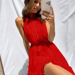 Заказать женское красное платье под шею без рукавов из шифона в интернете