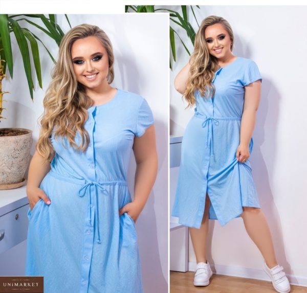 Заказать онлайн женское летнее платье из льна (размер 48-58) голубого цвета