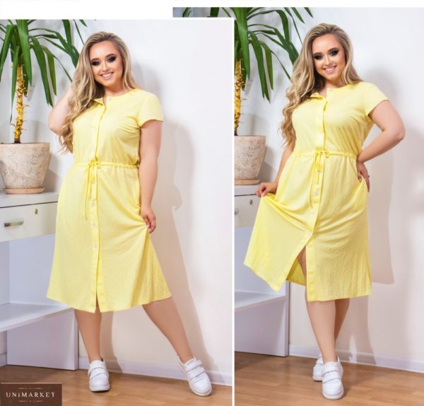 Купить желтое женское летнее платье из льна (размер 48-58) по скидке