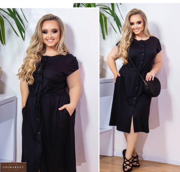 Замовити чорного кольору для жінок літнє плаття з льону (розмір 48-58) в Україні