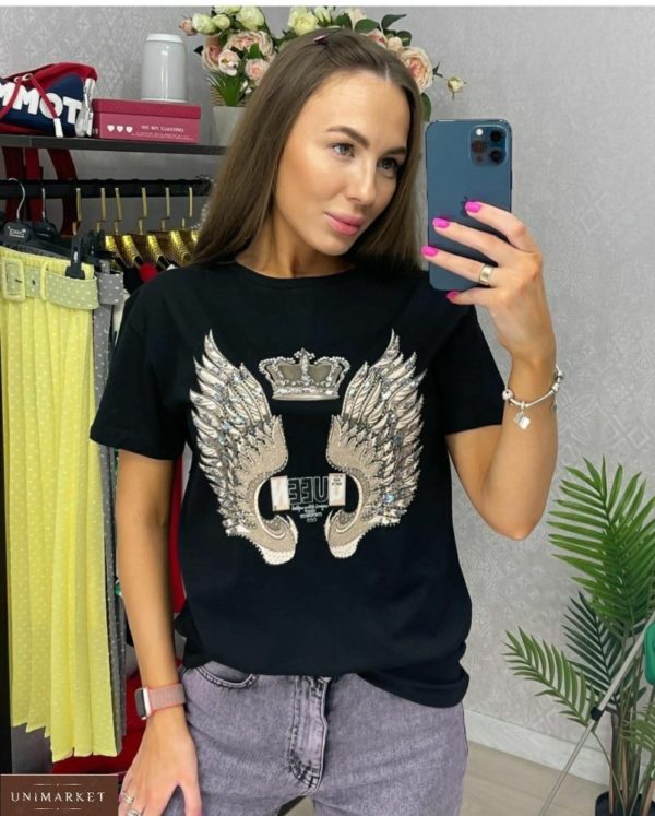 Купити онлайн чорну футболку з принтом крила для жінок