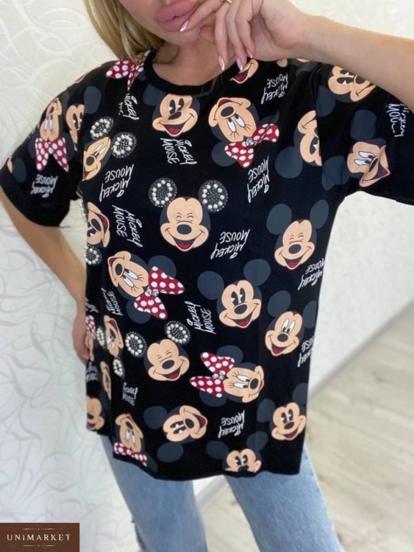 Замовити онлайн чорну прінтовану футболку з Міккі Маусом для жінок