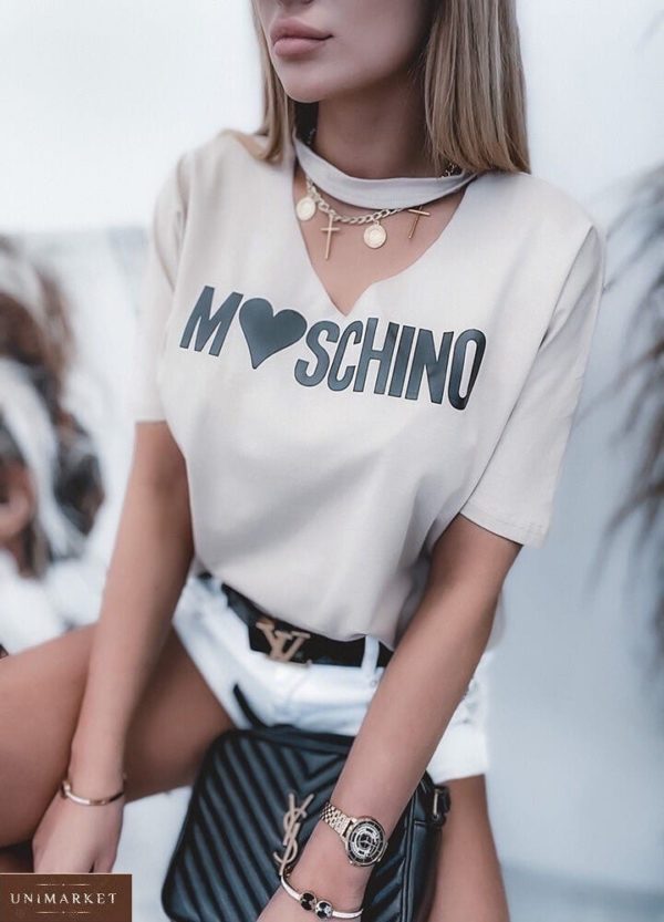 Замовити бежеву футболку Moschino з вирізом для жінок в Україні