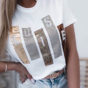 Купить женскую белую футболку с блестящим принтом онлайн