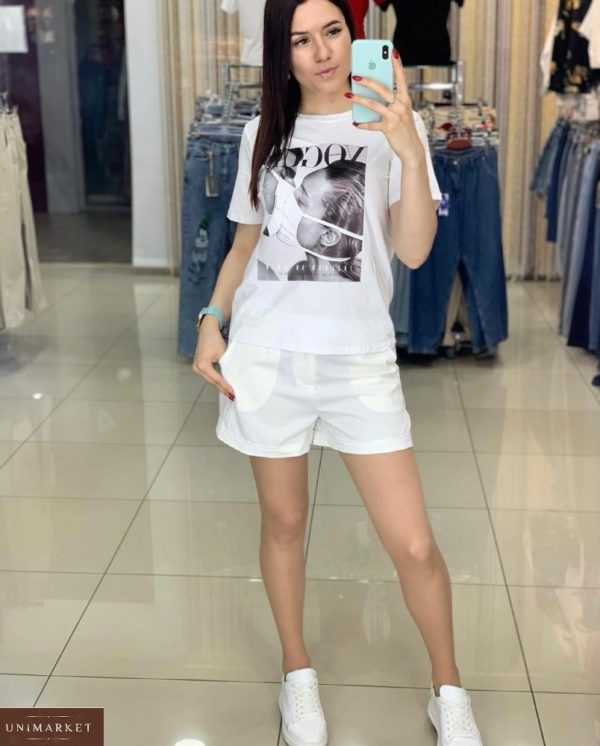 Купить женскую белую футболку с современным принтом онлайн