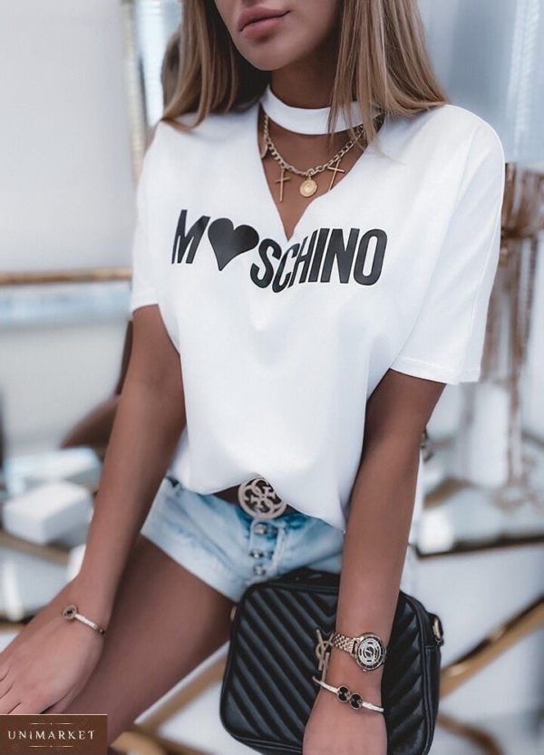Придбати білу жіночу футболку Moschino з вирізом по знижці