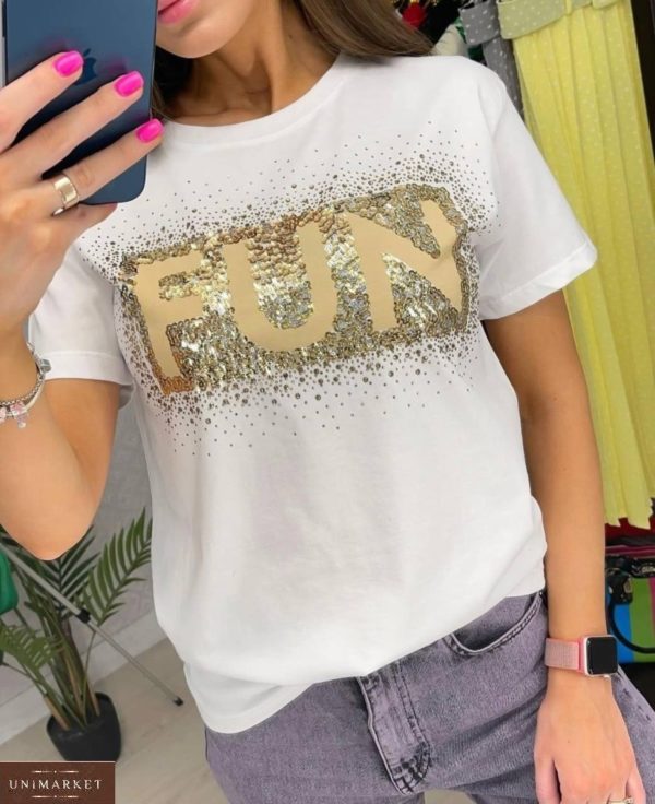 Купить в интернете женскую футболку FUN с пайетками и стразами белого цвета