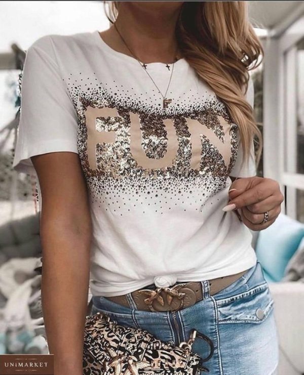 Заказать онлайн женскую футболку FUN с пайетками и стразами белую