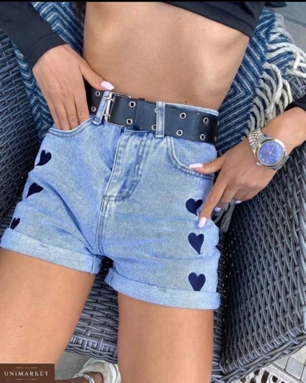 Замовити онлайн блакитні жіночі джинсові шорти з сердечками