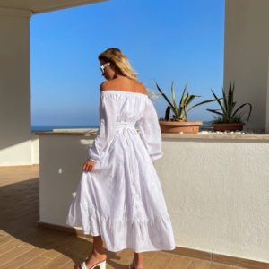 Купить белое платье с открытыми плечами из хлопка (размер 42-52) для женщин онлайн