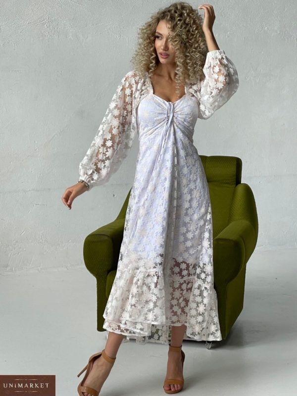 Заказать белое женское платье с сеткой в цветочный принт (размер 42-52) выгодно