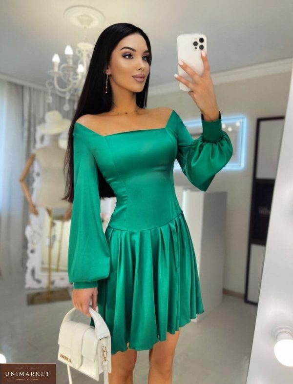 Купити в інтернеті зелене шовкове плаття з довгим рукавом і квадратним вирізом для жінок
