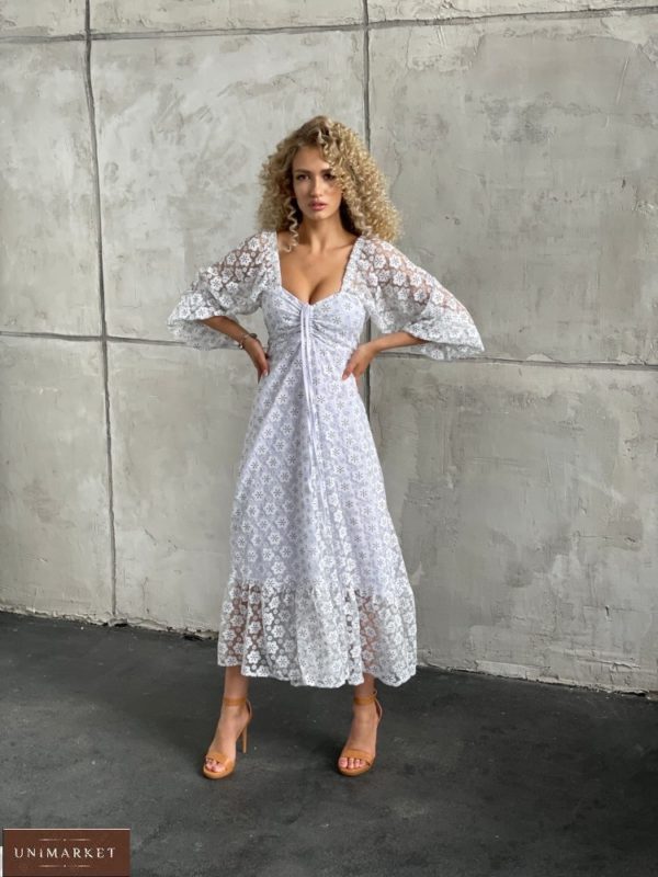 Купити білого кольору жіноче плаття з сіткою в квітковий принт (розмір 42-52) дешево