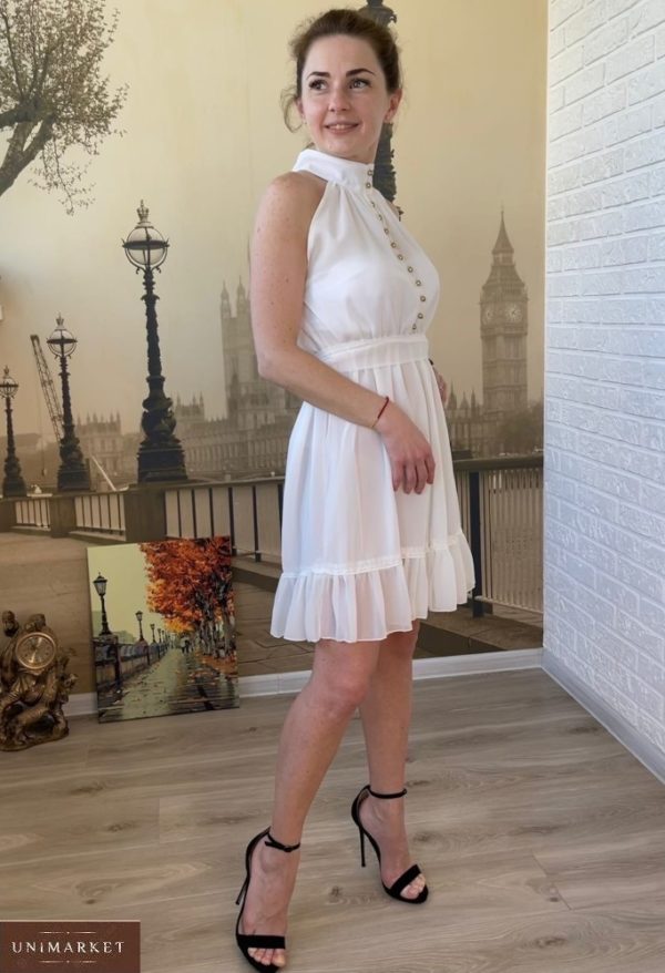 Купити білого кольору жіноче плаття під шию без рукавів з шифону онлайн