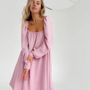 Купить на лето розовое женское платье мини с квадратным вырезом дешево