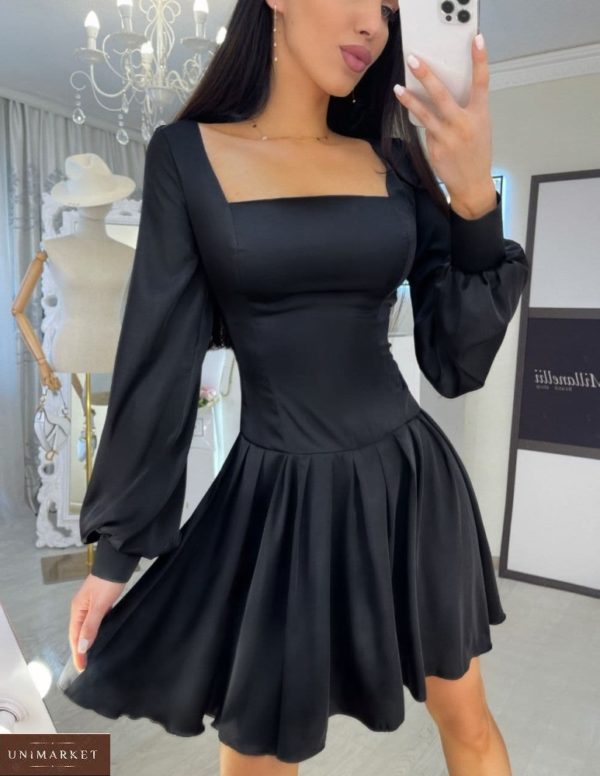 Купити зі знижкою чорне шовкове плаття з довгим рукавом і квадратним вирізом для жінок