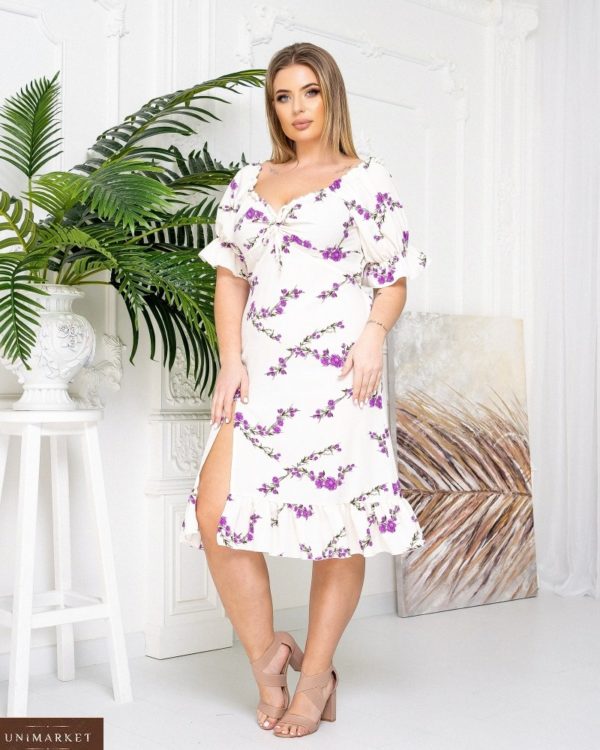 Купити жіночу прінтовану сукню з розрізом (розмір 42-56) по знижці білого кольору