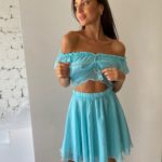 Купить голубой женский шифоновый костюм: топ+юбка онлайн