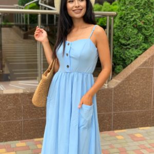 летний женский сарафан голубого цвета на бретелях по лучшей цене в интернете