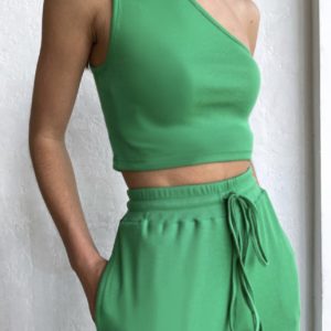 женский прогулочный костюм штаны с высокой посадкой + топ в зелёном цвете по выгодной стоимости от поставщика