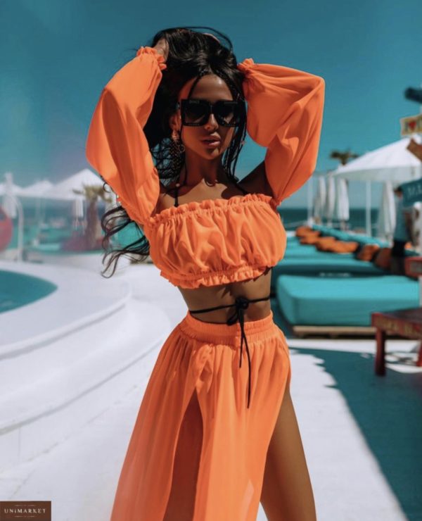 приобрести шифоновый оранжевый пляжный костюм с топом и юбкой с разрезами по выгодной цене от Unimarket