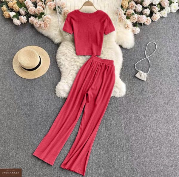 купити жіночий костюм штани + укорочена кофта малинового кольору за найкращою ціною в магазинах України