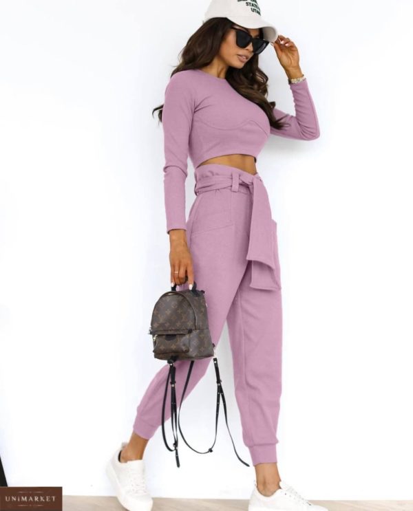 заказать костюм для женщин стильного покроя в лиловом цвете топ + штаны с быстрой доставкой в города Украины