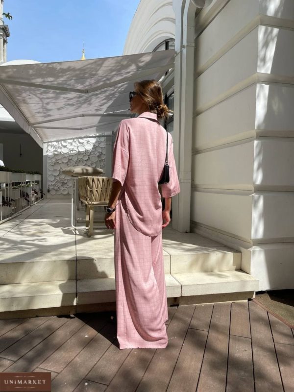 женский льняной летний костюм двойка штаны + рубашка нежно розового цвета по лучшей цене от поставщика