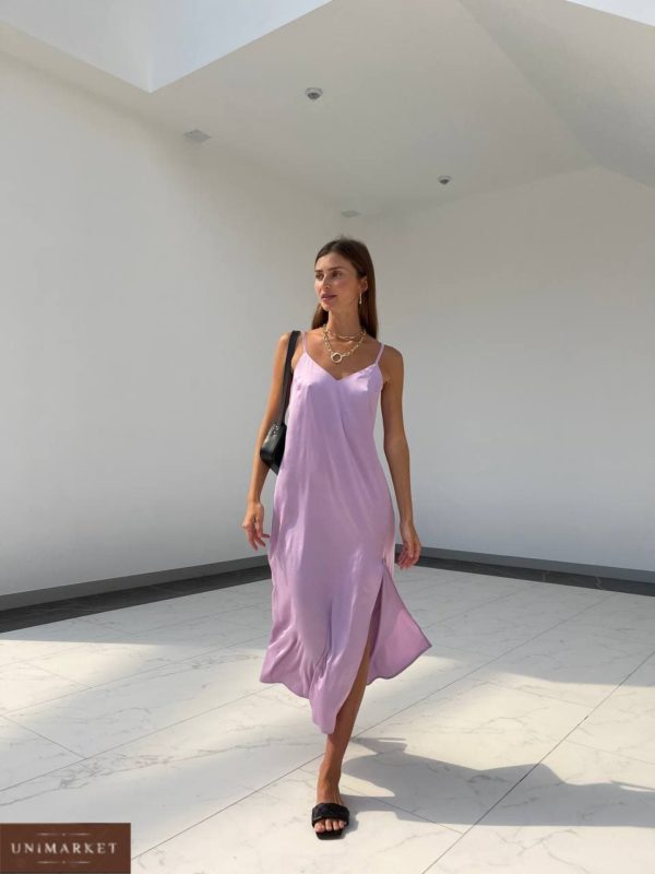 купити шовкове жіночу сукню довге на бретелях в лавандовому кольорі недорого
