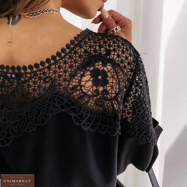 Купить по скидке черную свободную блузку с кружевом для женщин