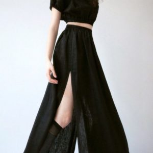 Заказать черный в Украине ьняной костюм длинная юбка+топ для женщин